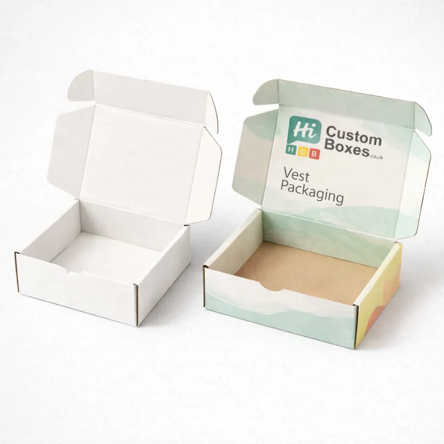 Two open cardboard mailer boxes- one plain white and one with light green patterned branding- class=